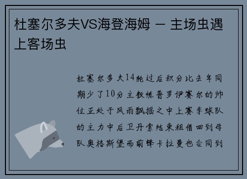 杜塞尔多夫VS海登海姆 – 主场虫遇上客场虫