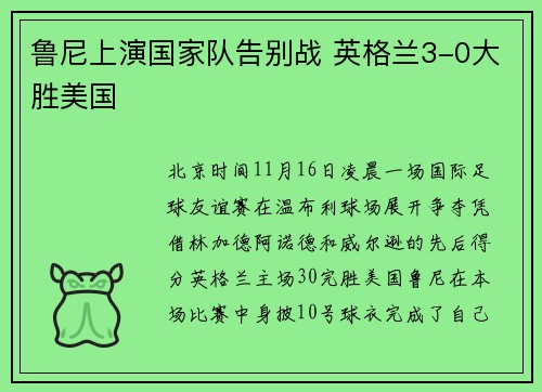 鲁尼上演国家队告别战 英格兰3-0大胜美国